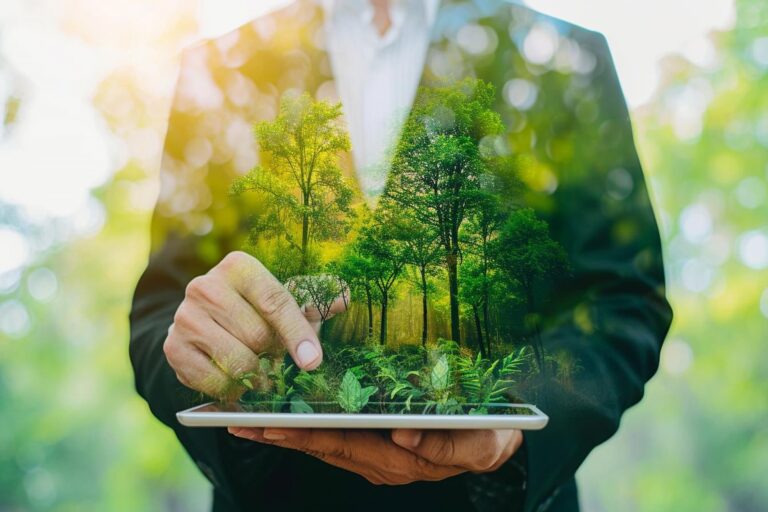 man-suit-holding-tablet-with-picture-forest-it